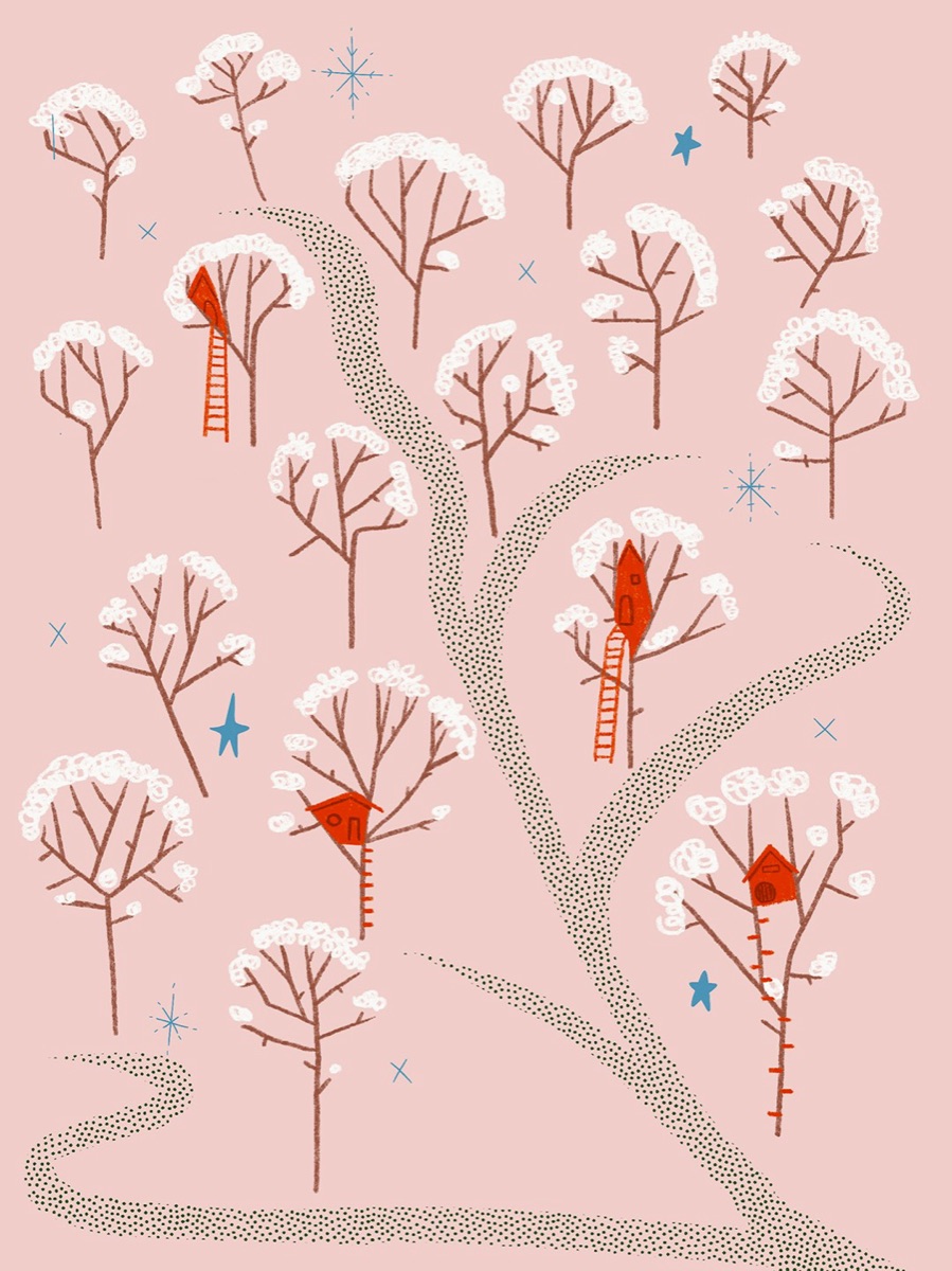 Illustration of snowy treehouses in a winter forest