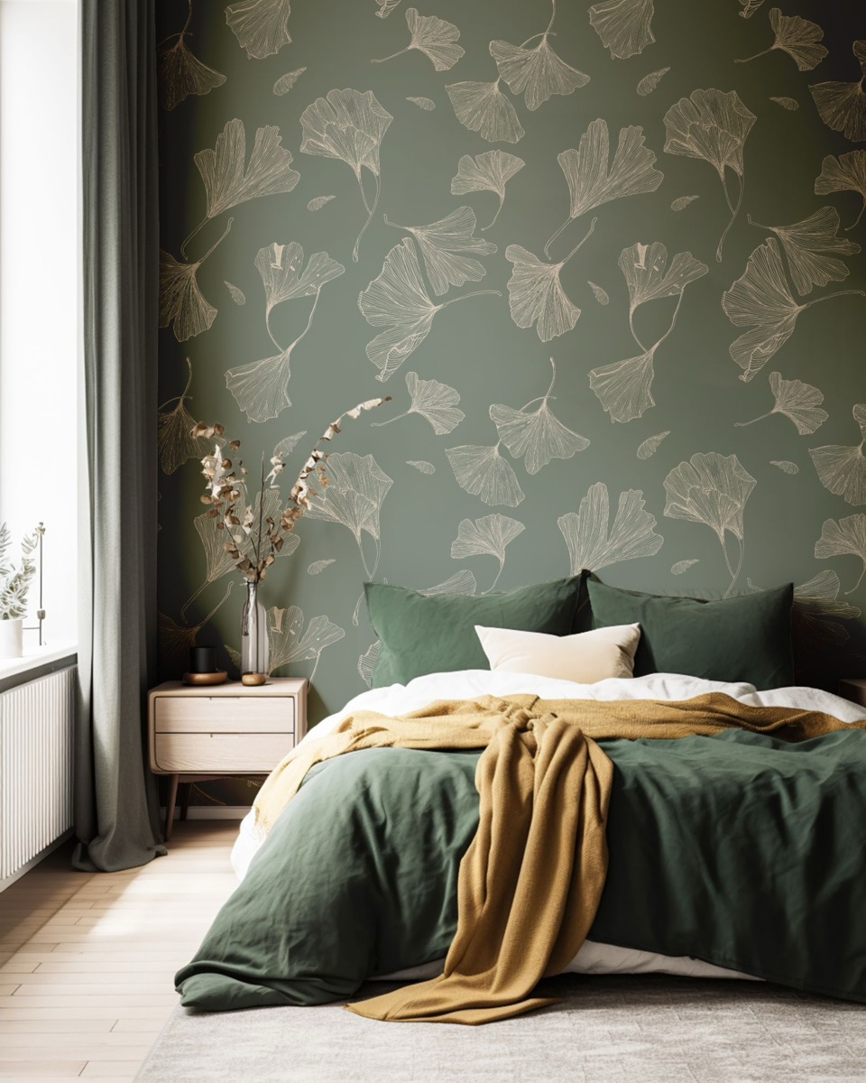 Ginkgo Leaf Wallpaper in a bedroom
