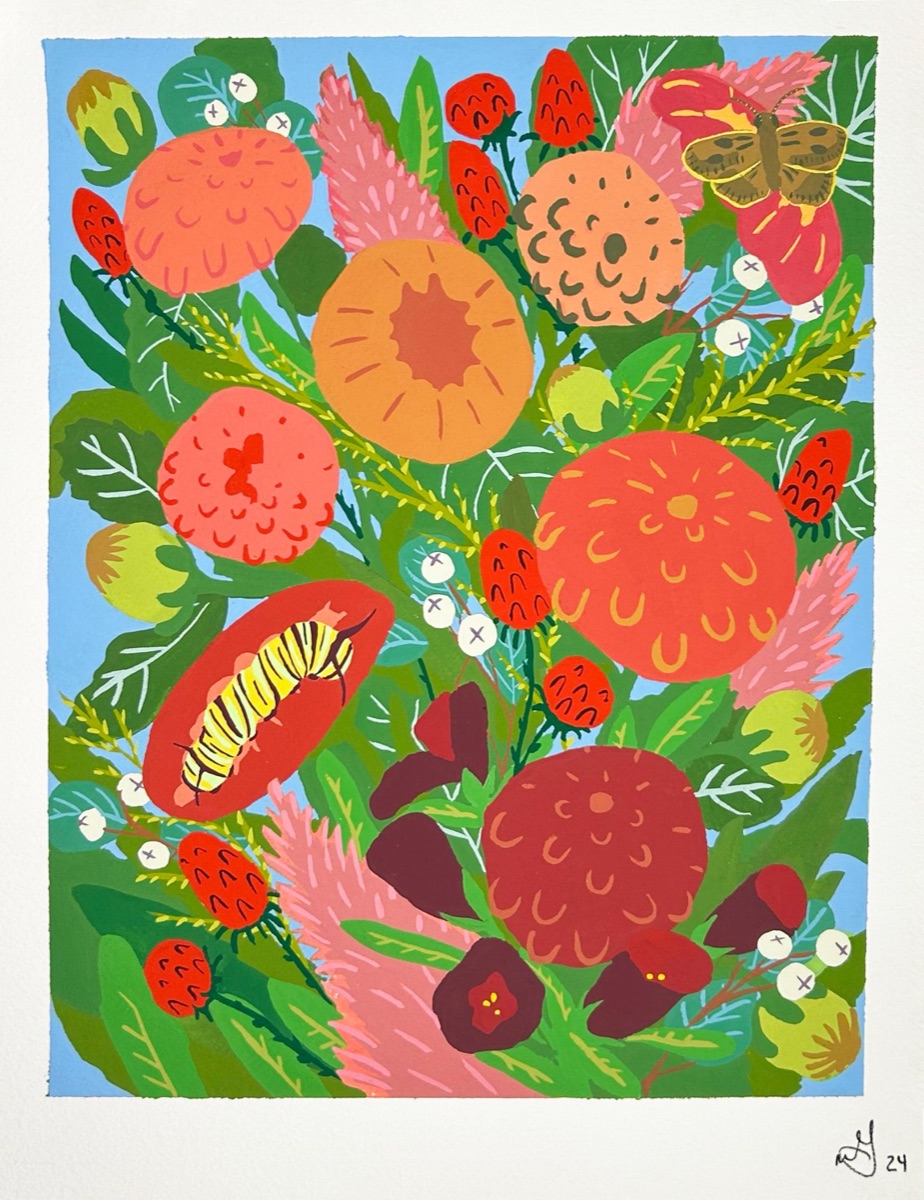 Floral bouquet with caterpillar and butterfly